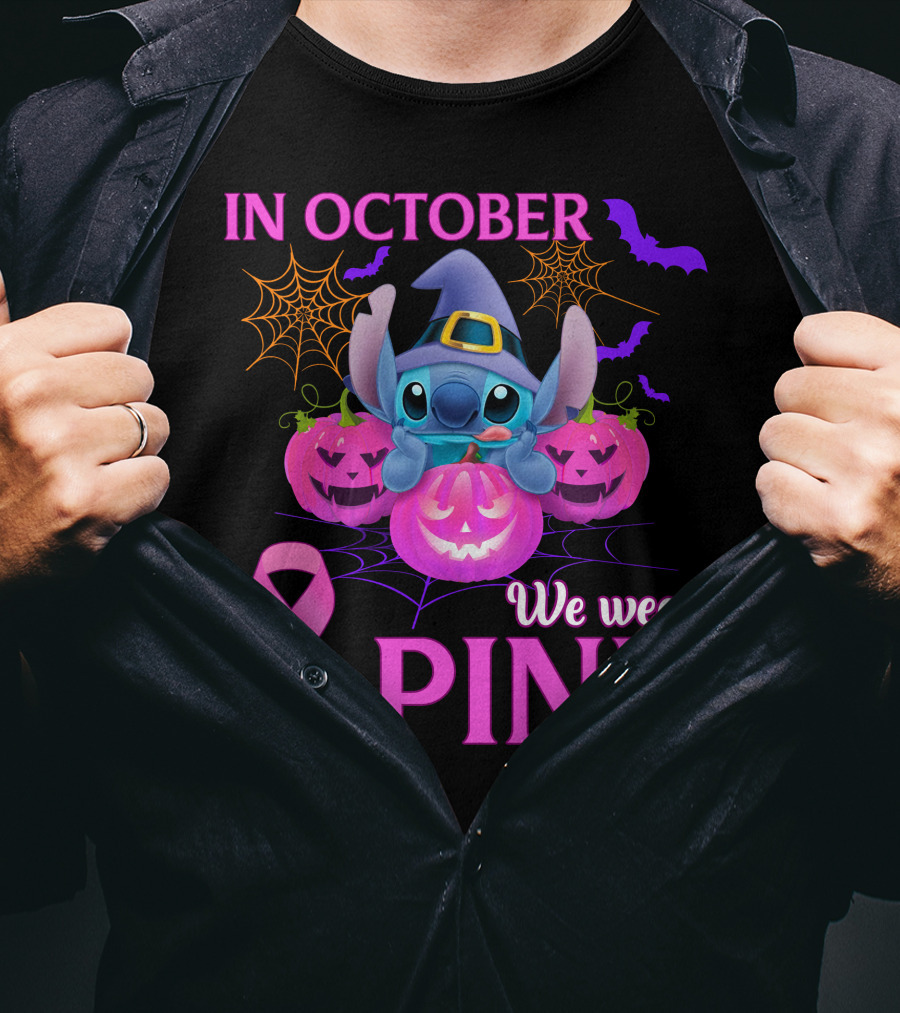 In October We Wear Pink Stitch Halloween Breast Cancer Awareness T-Shirt