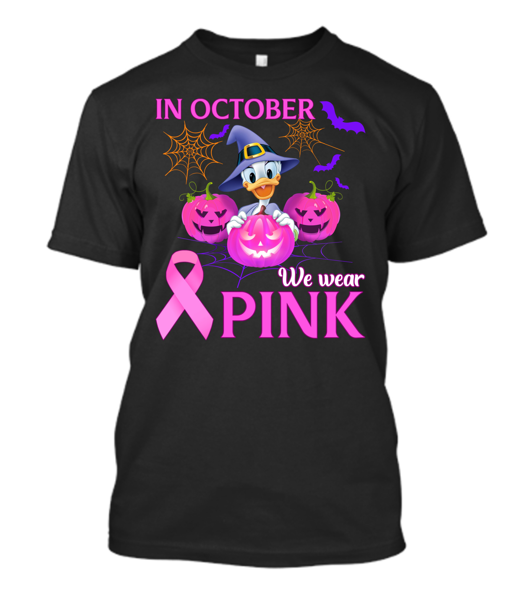 In October We Wear Pink Daisy D Breast Cancer Awareness Halloween Theme T-Shirt