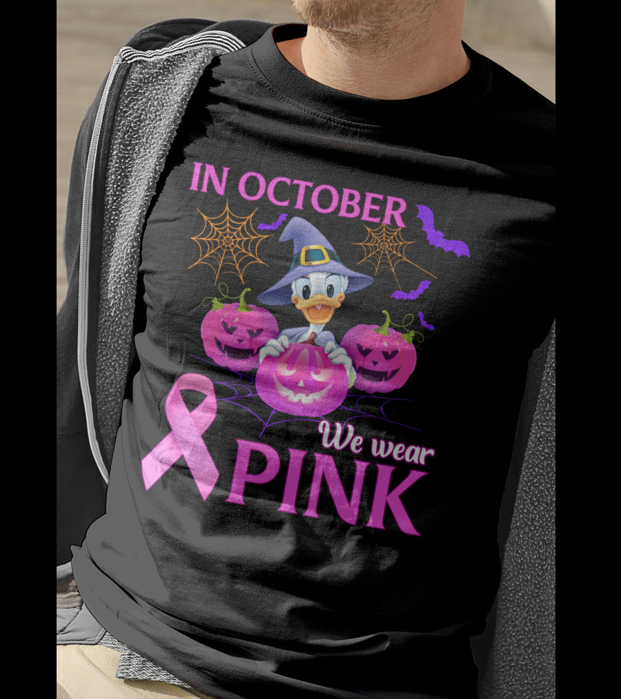 In October We Wear Pink Daisy D Breast Cancer Awareness Halloween Theme T-Shirt