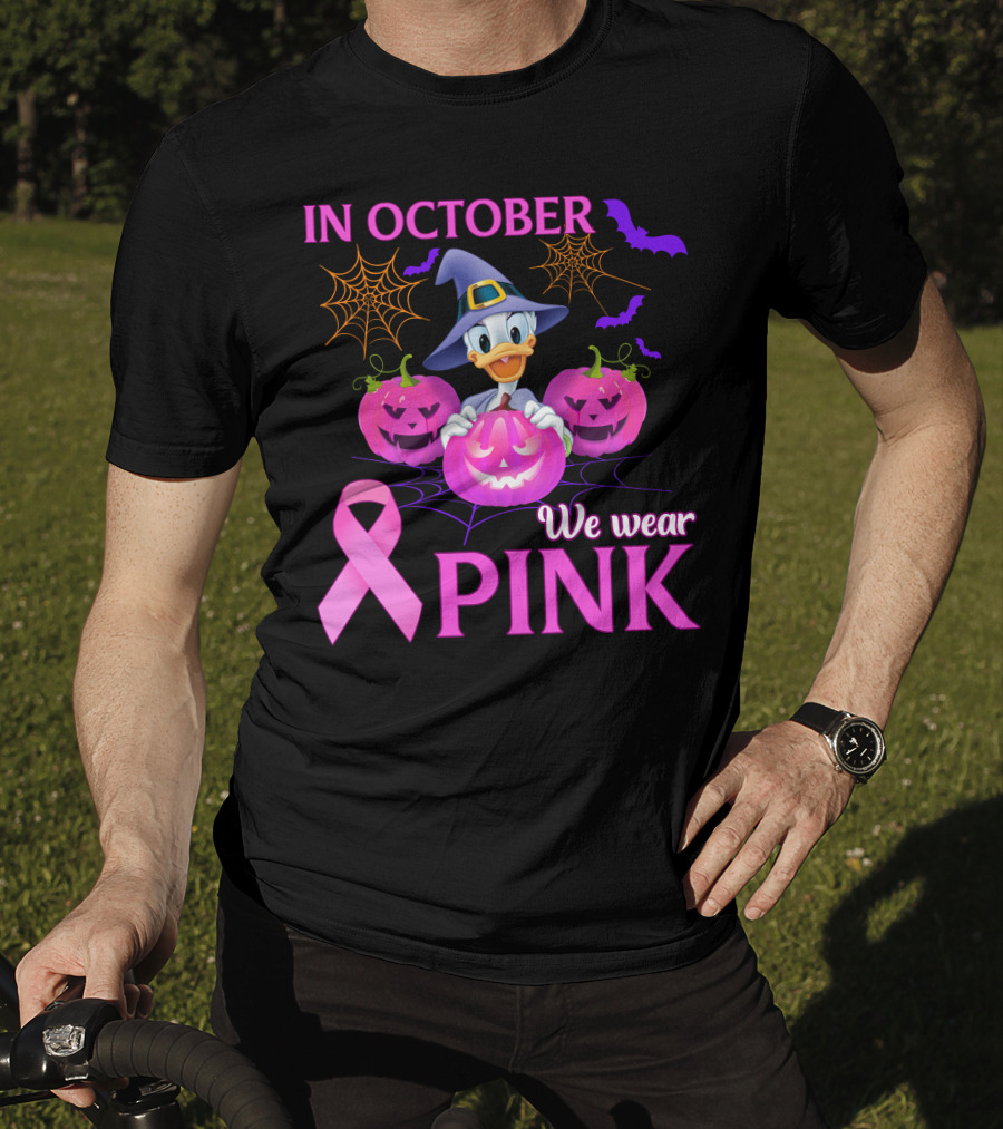 In October We Wear Pink Daisy D Breast Cancer Awareness Halloween Theme T-Shirt