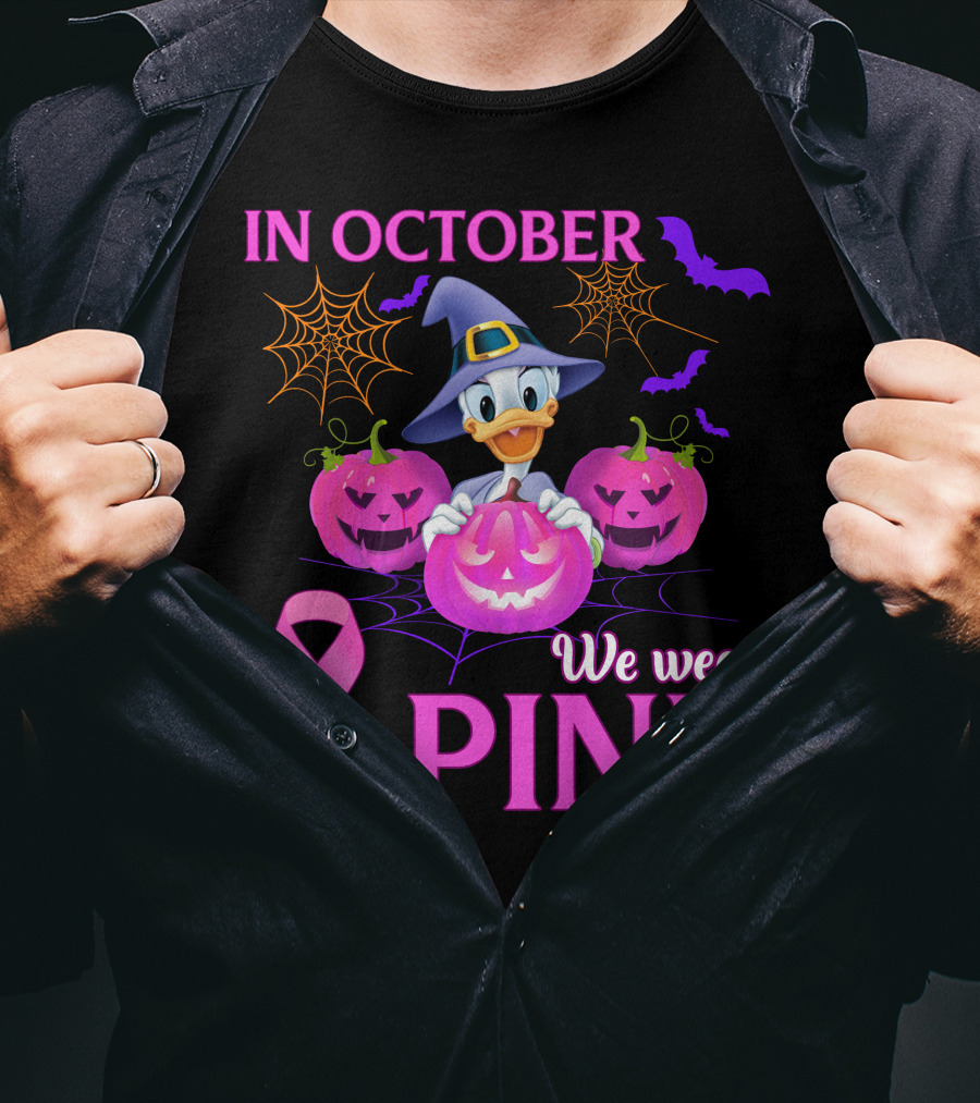 In October We Wear Pink Daisy D Breast Cancer Awareness Halloween Theme T-Shirt