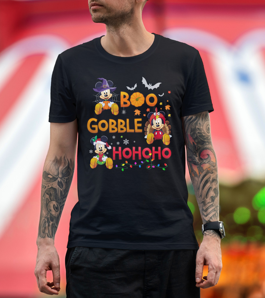 Boo Gobble Hohoho 2 Halloween Thanksgiving Christmas Mickey Minnie T-Shirt