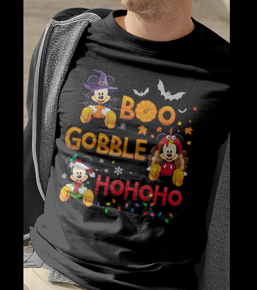 Boo Gobble Hohoho 2 Halloween Thanksgiving Christmas Mickey Minnie T-Shirt