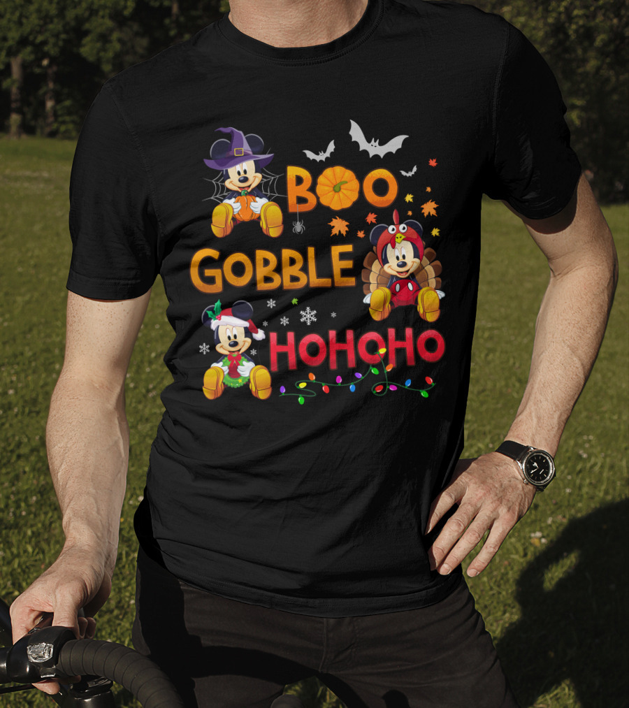 Boo Gobble Hohoho 2 Halloween Thanksgiving Christmas Mickey Minnie T-Shirt