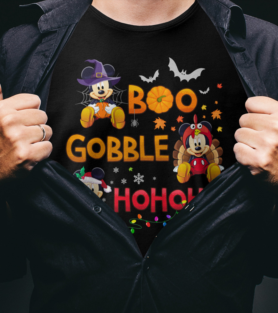 Boo Gobble Hohoho 2 Halloween Thanksgiving Christmas Mickey Minnie T-Shirt