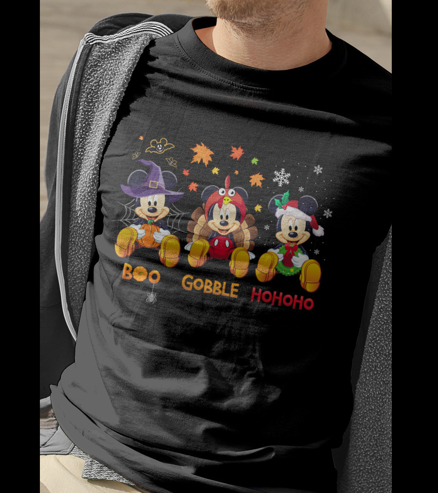Boo Gobble Hohoho Mickey Mouse Halloween Thanksgiving Christmas Theme T-Shirt