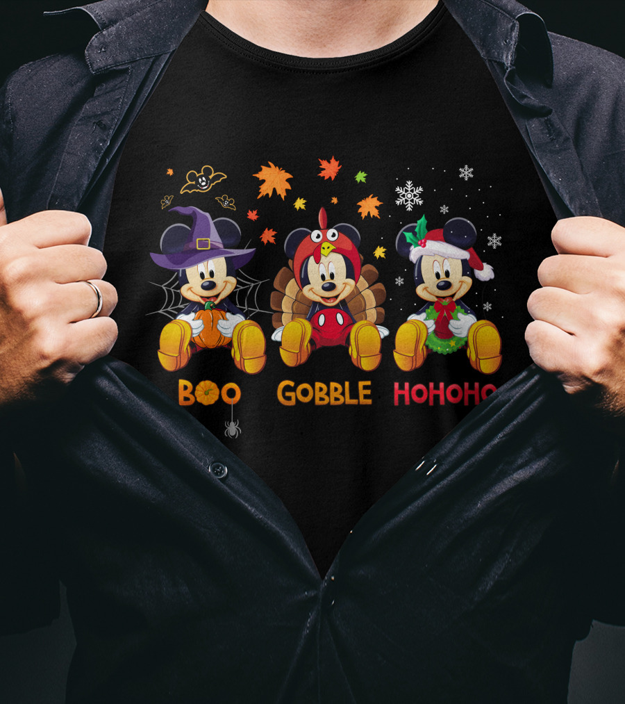 Boo Gobble Hohoho Mickey Mouse Halloween Thanksgiving Christmas Theme T-Shirt