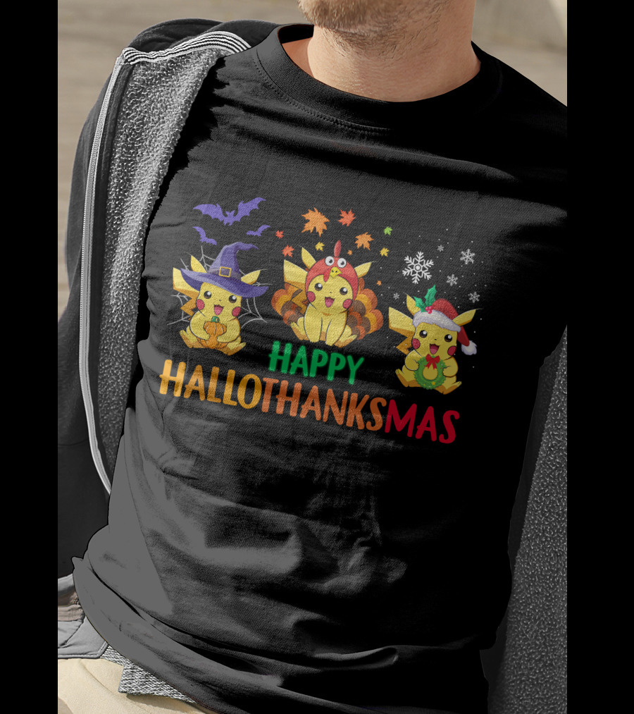 PIKACHU Happy HalloThanksMas Halloween Thanksgiving Christmas T-Shirt