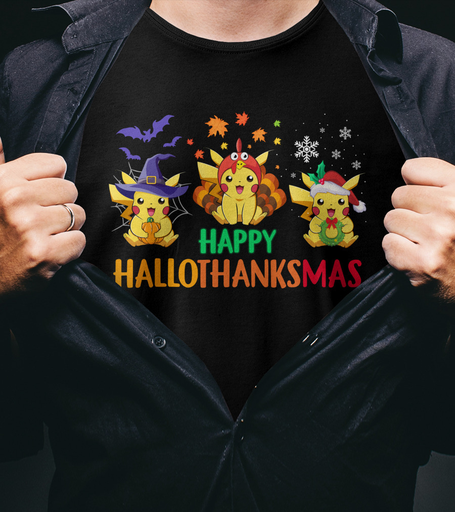 PIKACHU Happy HalloThanksMas Halloween Thanksgiving Christmas T-Shirt