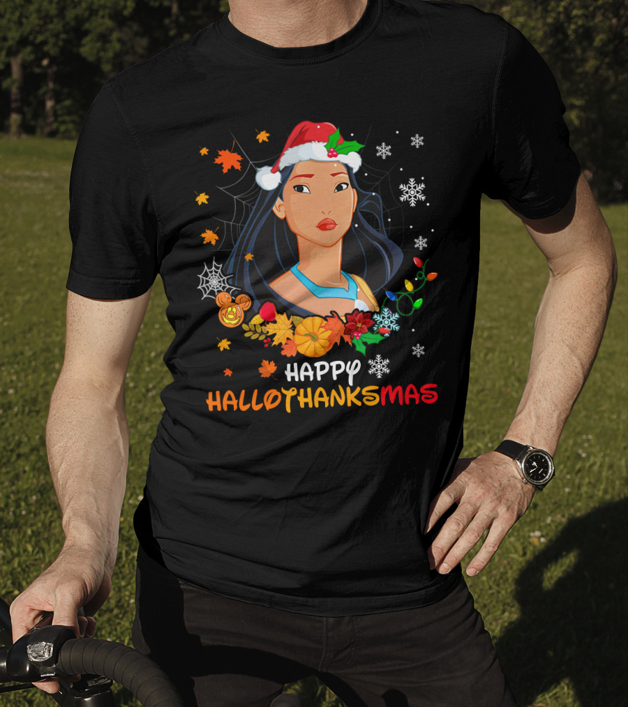 Happy Hallowthanksmas Pocahontas Santa Hat Thanksgiving Christmas Halloween T-Shirt