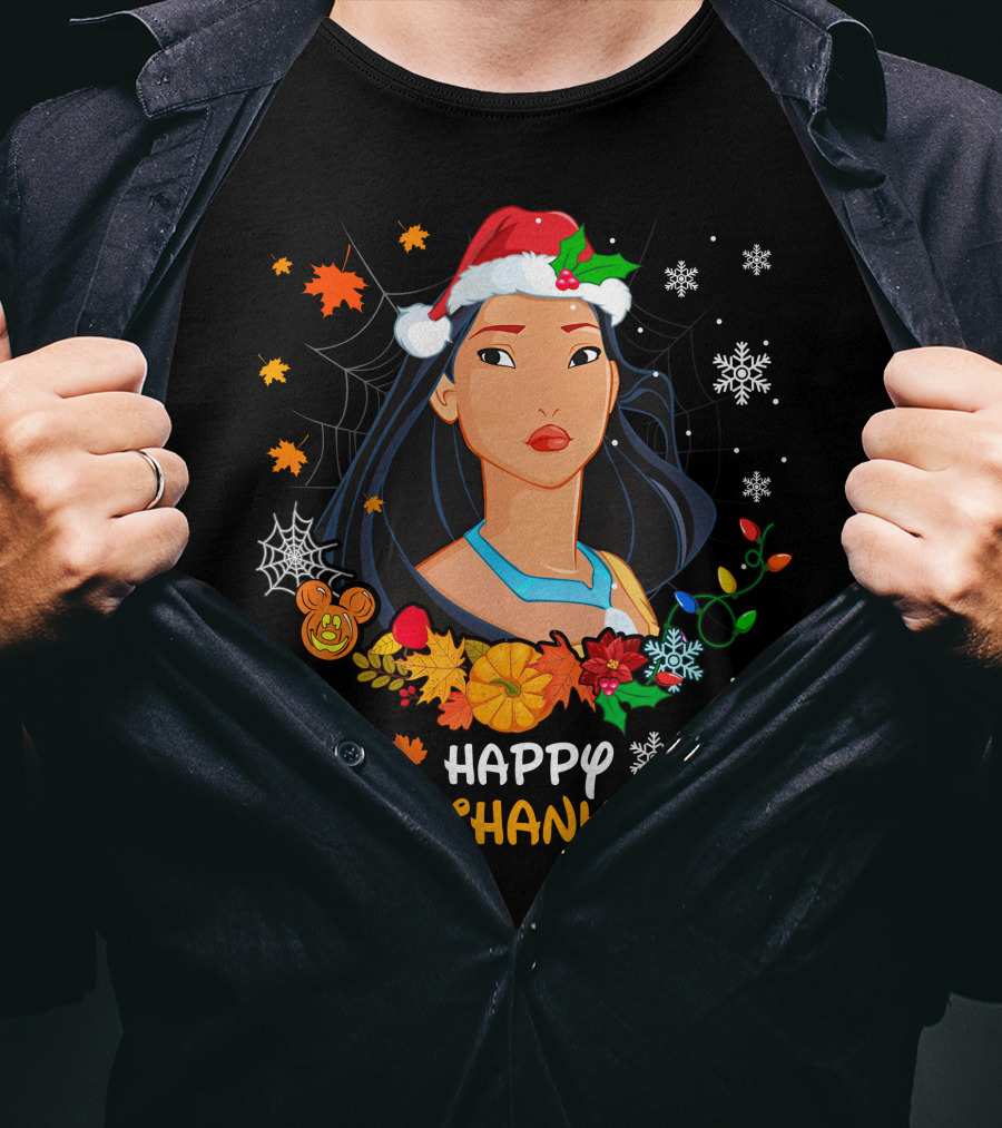 Happy Hallowthanksmas Pocahontas Santa Hat Thanksgiving Christmas Halloween T-Shirt