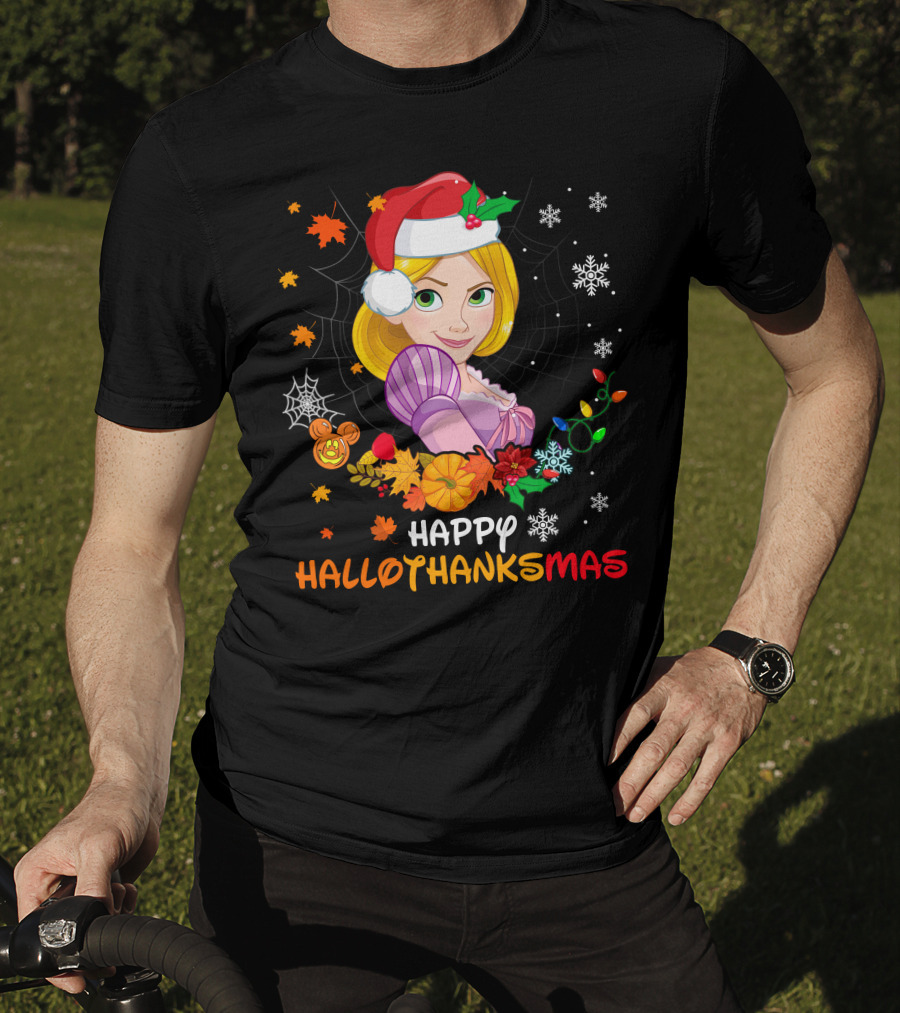 Happy Hallothanksmas Rapunzel Holiday Cheer With Festive Santa Hat And Seasonal Elements T-Shirt