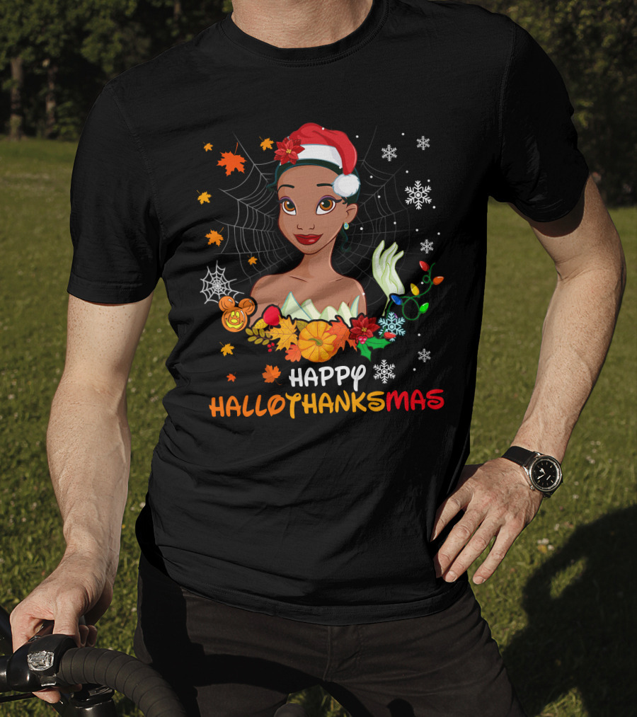 Tiana Happy Hallowthanksmas Snowflakes Spider Web Leaves Flowers T-Shirt