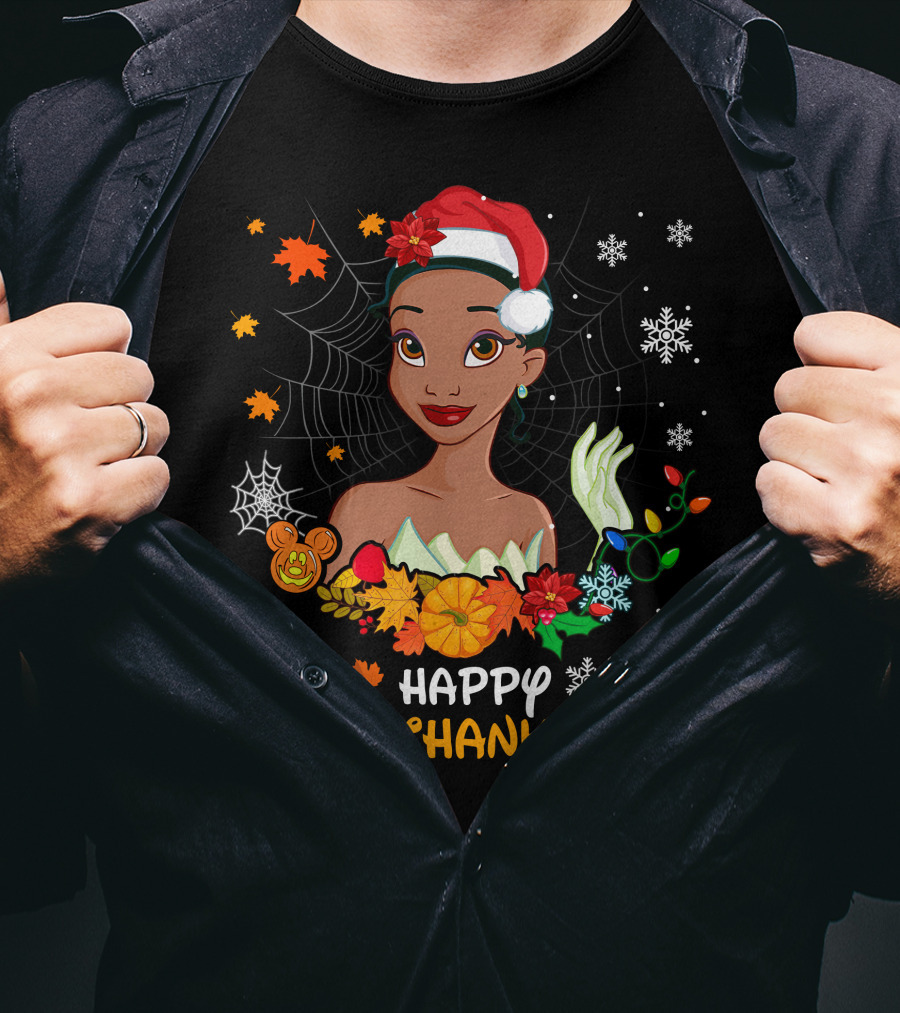 Tiana Happy Hallowthanksmas Snowflakes Spider Web Leaves Flowers T-Shirt