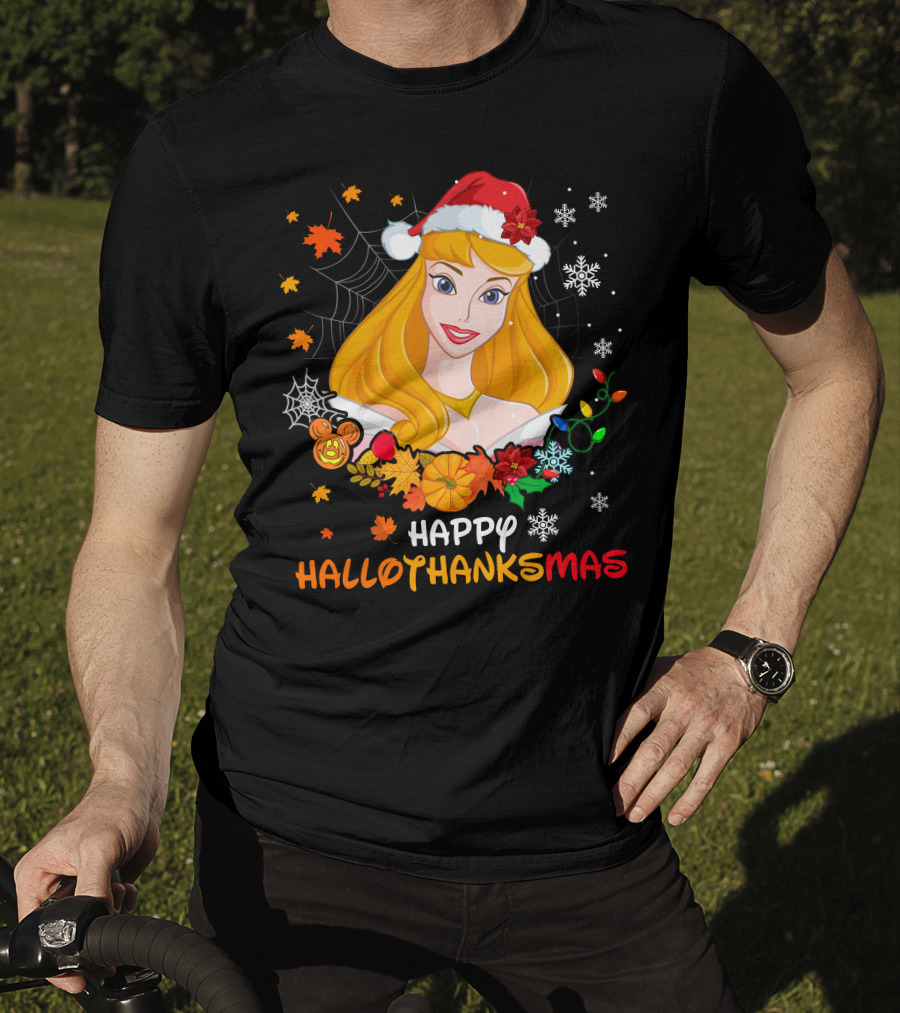 Happy Hallothanksmas Aurora Santa Hat Snowflakes Leaves T-Shirt