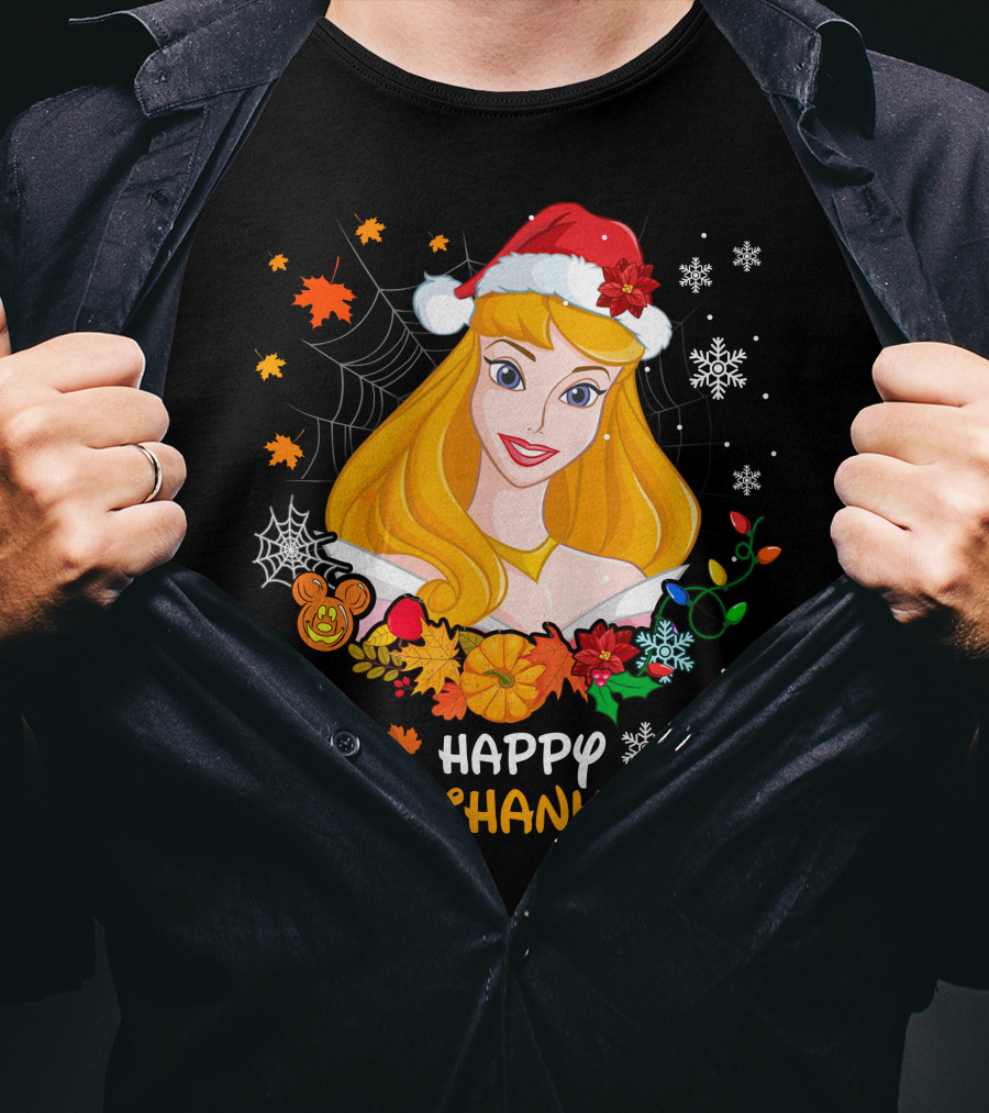 Happy Hallothanksmas Aurora Santa Hat Snowflakes Leaves T-Shirt