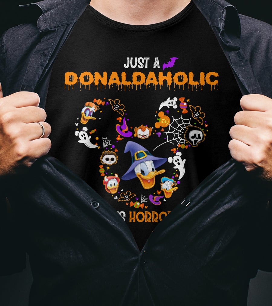 Just A Donaldaholic Who Loves Horror Movies Halloween Donald Duck Ghosts Pumpkins Bat Spiderweb T-Shirt