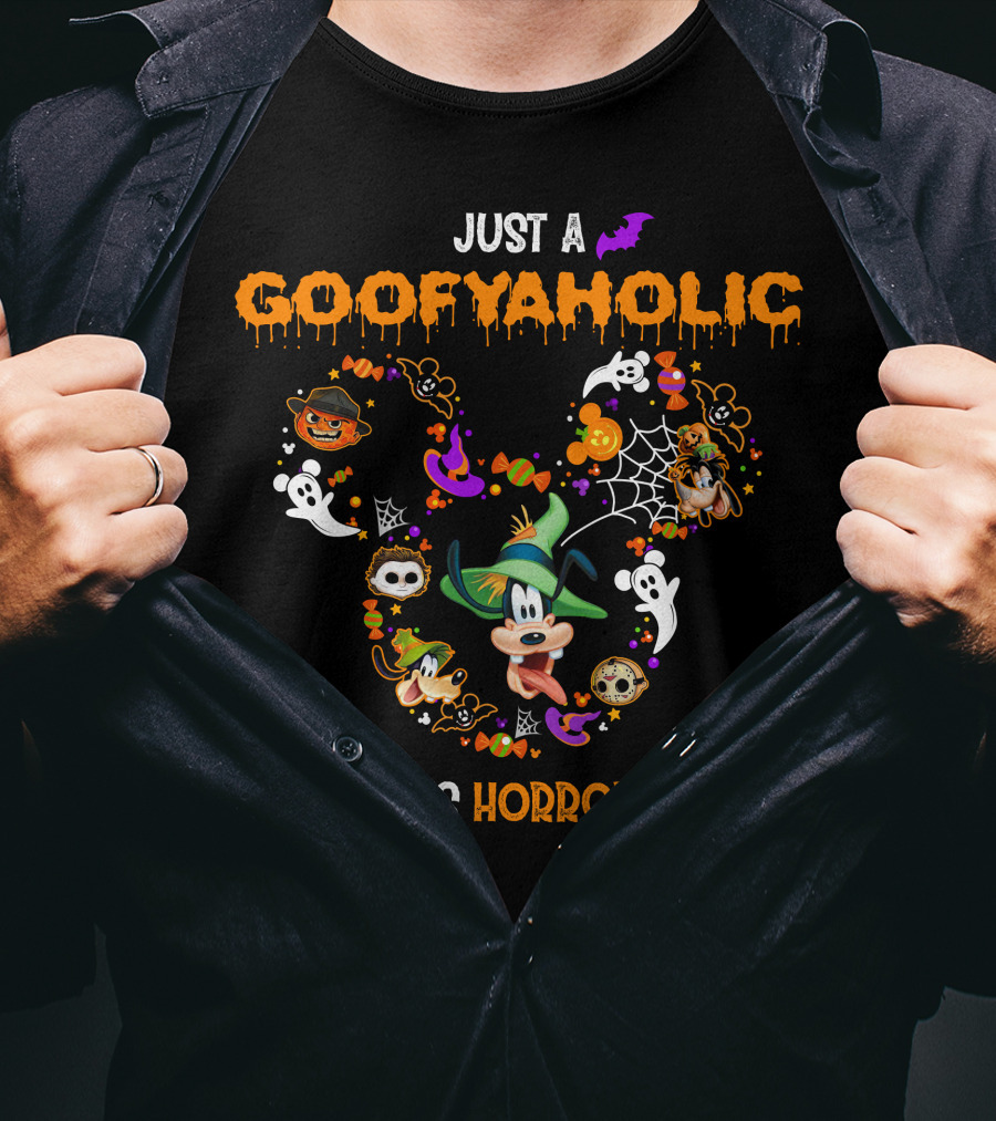 Just A Goofyaholic Who Loves Horror Movies Halloween Theme With Goofy Icons T-Shirt