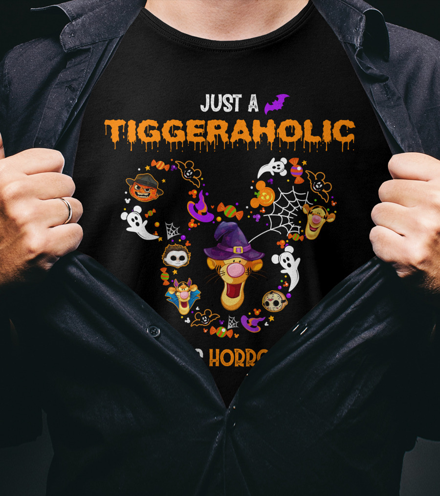 Tiggeraholic Who Loves Horror Movies Halloween Icons T-Shirt