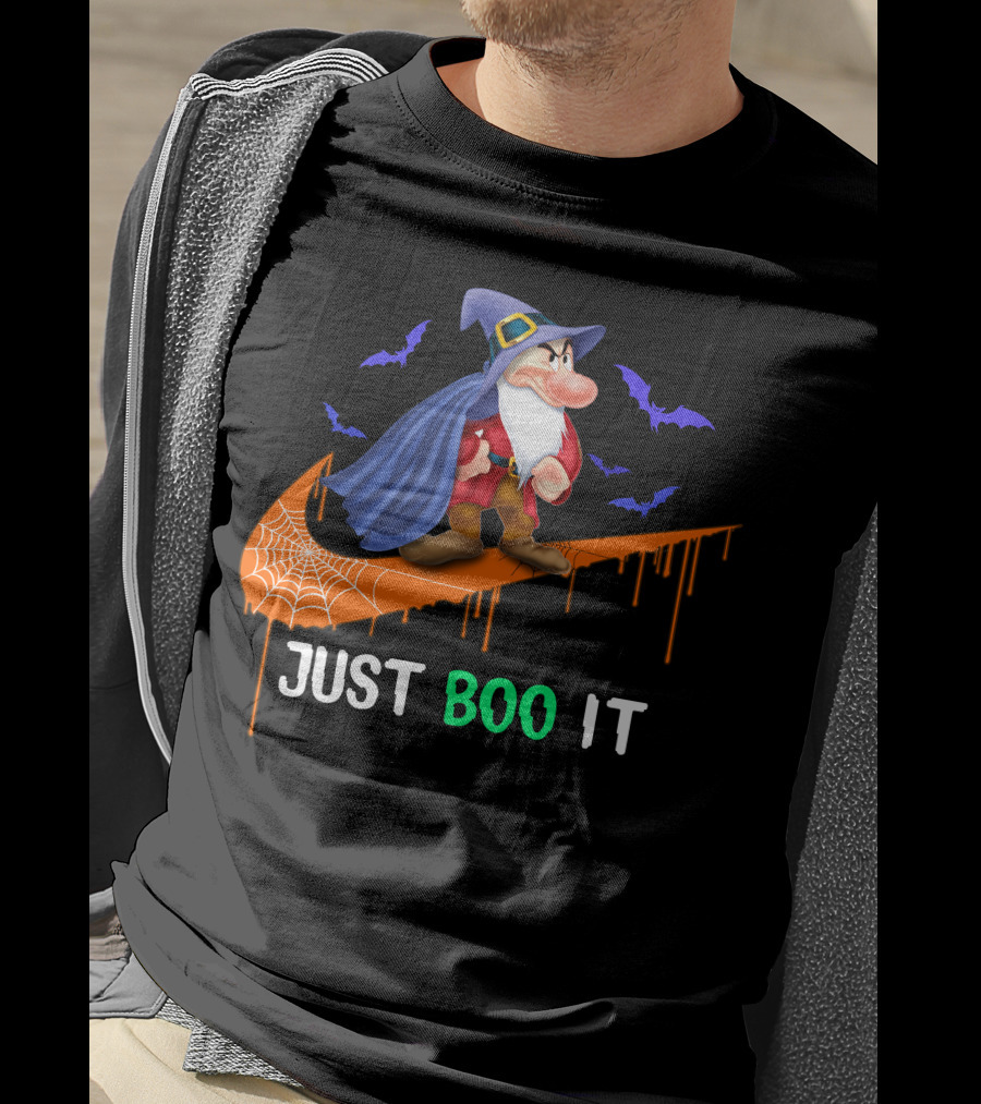 Just Boo It Witch Hat Grumpy With Purple Bats And Orange Swoosh T-Shirt