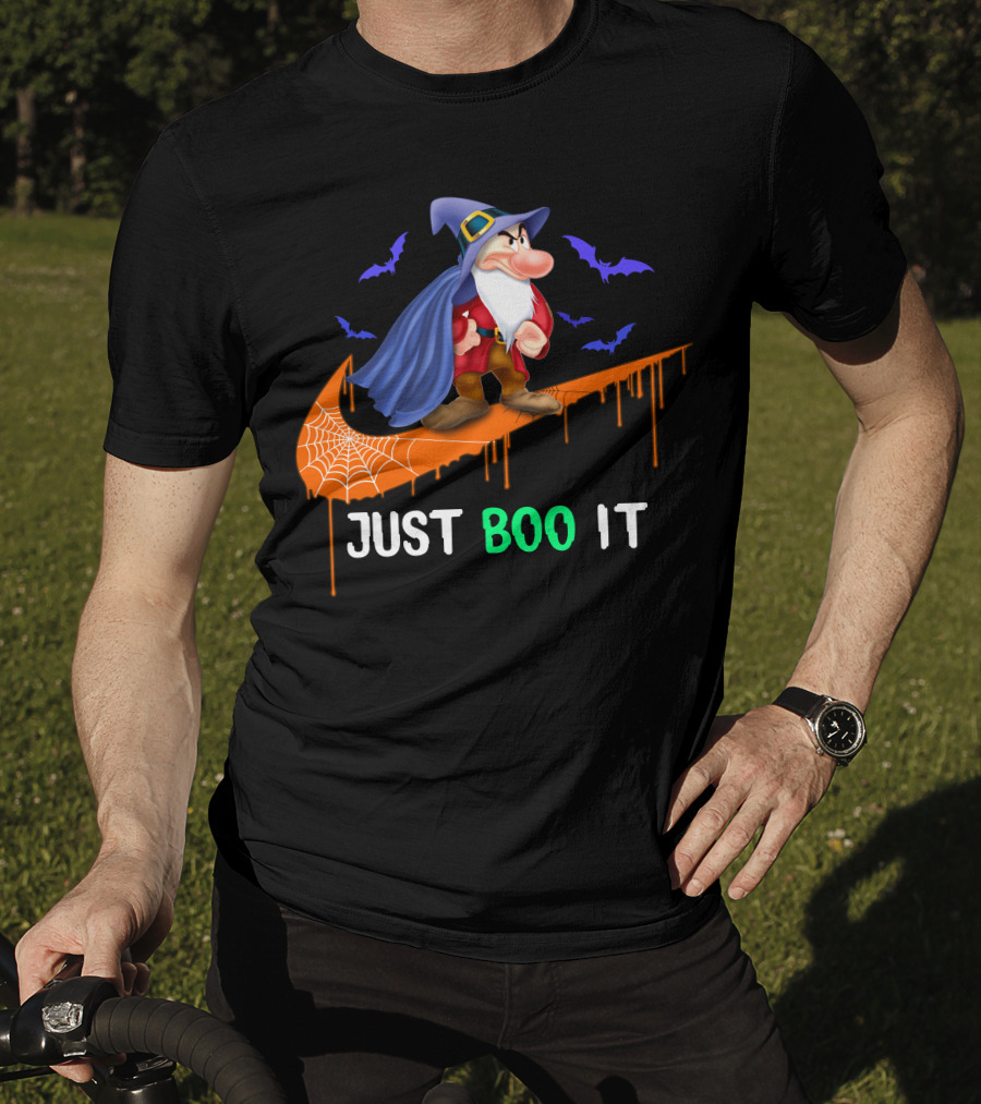 Just Boo It Witch Hat Grumpy With Purple Bats And Orange Swoosh T-Shirt