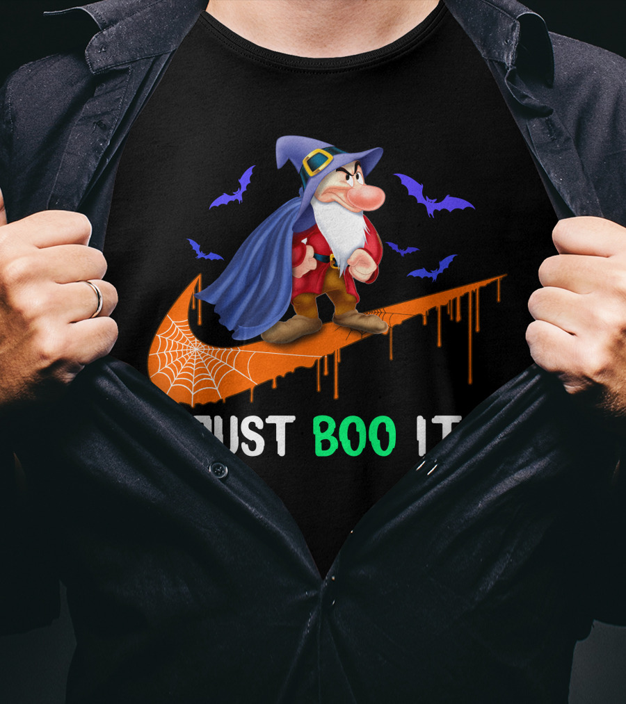 Just Boo It Witch Hat Grumpy With Purple Bats And Orange Swoosh T-Shirt