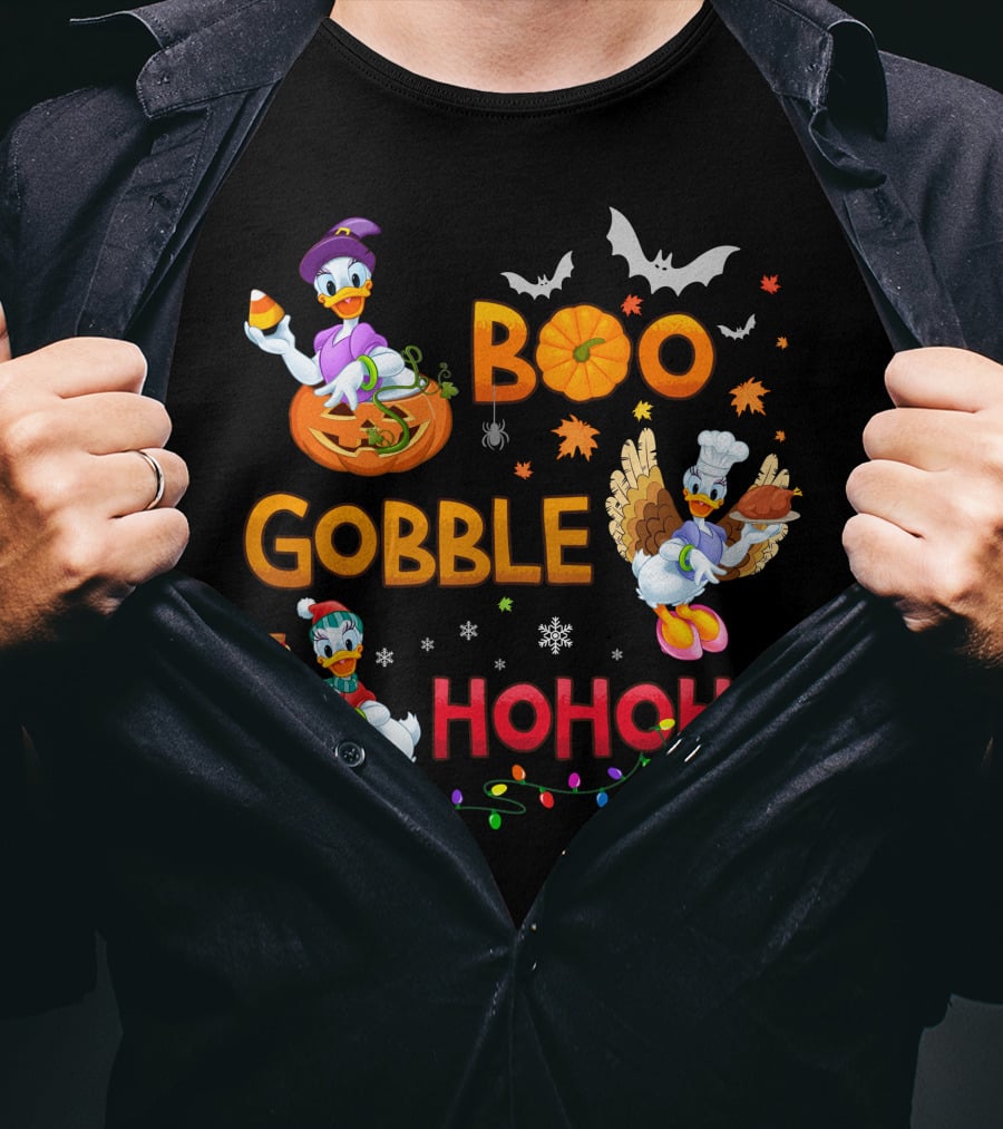 Boo Gobble Hohoho Daisy Duck Halloween Thanksgiving Christmas T-Shirt