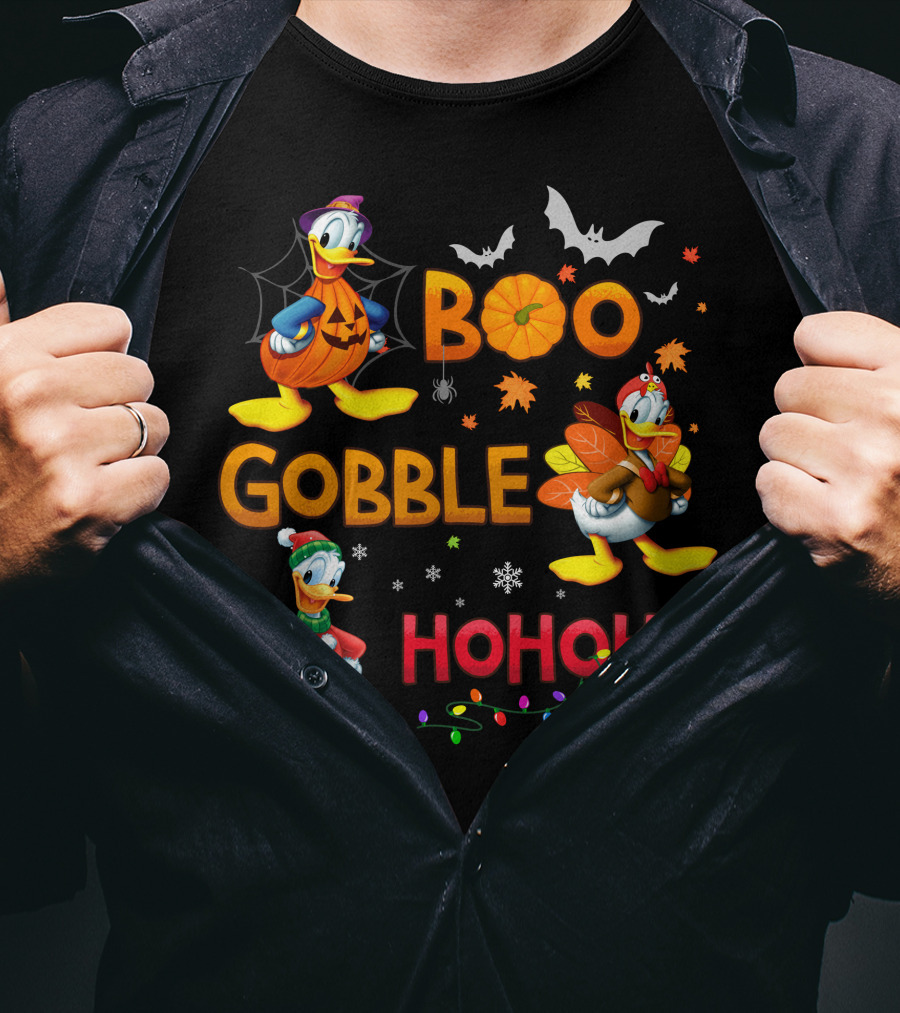 Boo Gobble Hohoho Donald Duck Halloween Thanksgiving Christmas T-Shirt