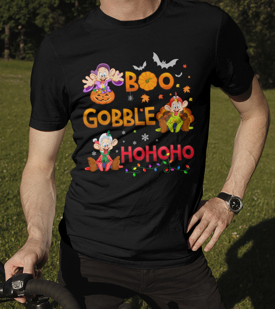 Boo Gobble Hohoho Dopey Halloween Thanksgiving Christmas T-Shirt