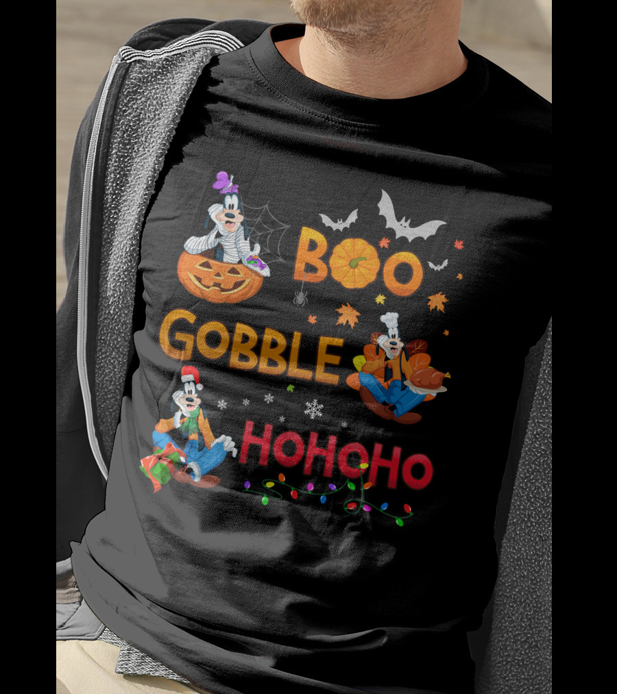 Boo Gobble Ho Ho Ho Goofy Halloween Thanksgiving Christmas T-Shirt