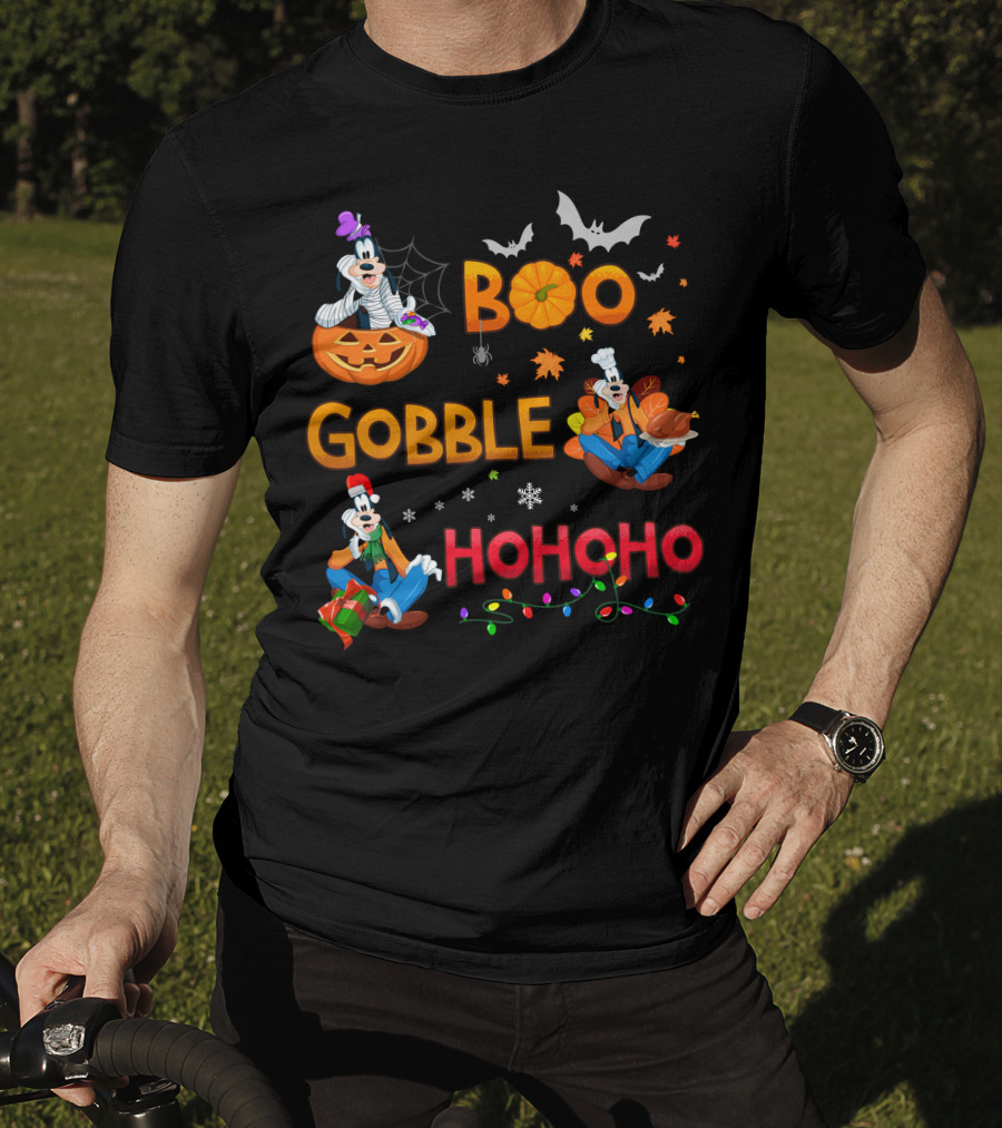 Boo Gobble Ho Ho Ho Goofy Halloween Thanksgiving Christmas T-Shirt