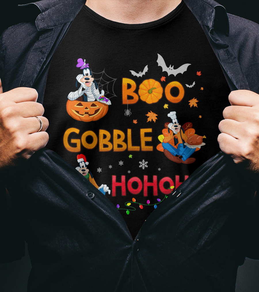 Boo Gobble Ho Ho Ho Goofy Halloween Thanksgiving Christmas T-Shirt