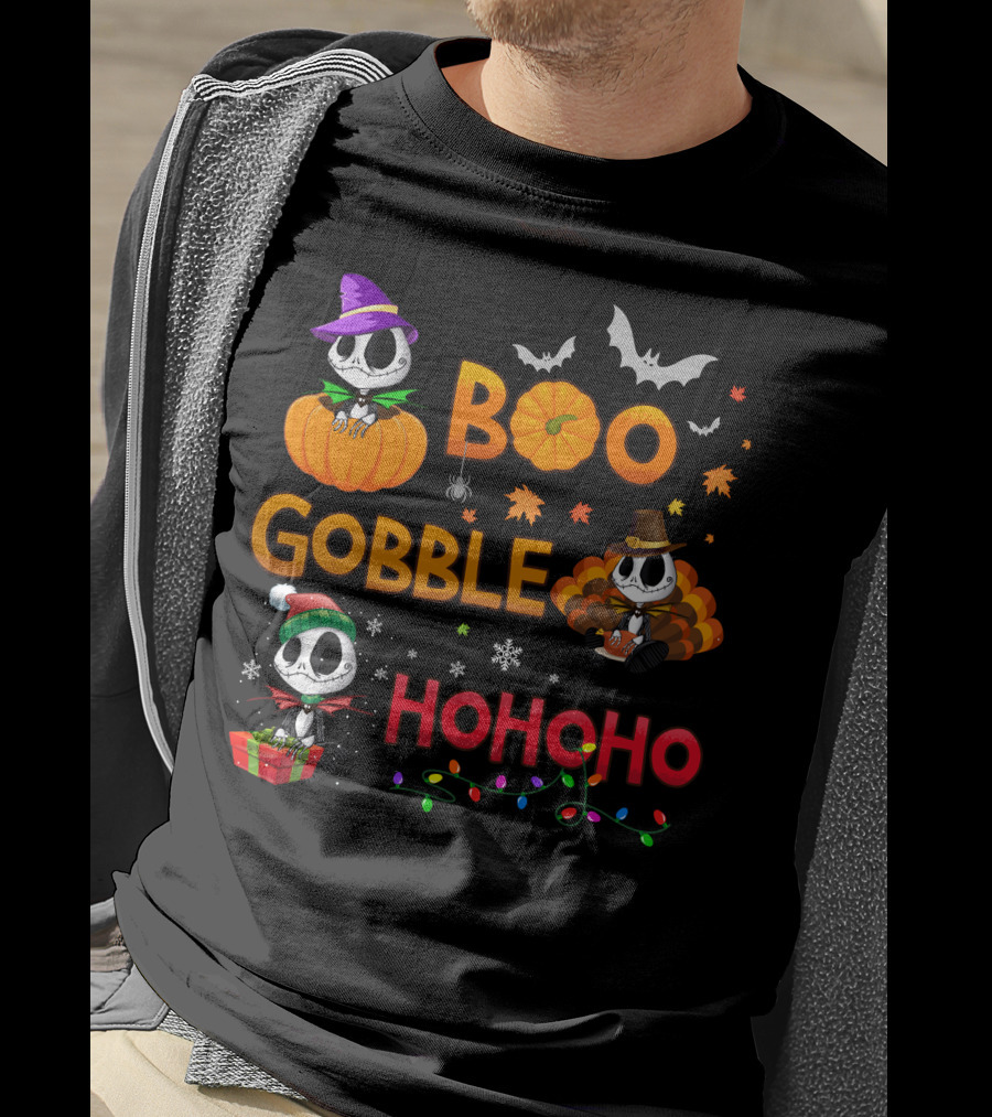 Boo Gobble Hohoho Jack Skellington Halloween Thanksgiving Christmas T-Shirt