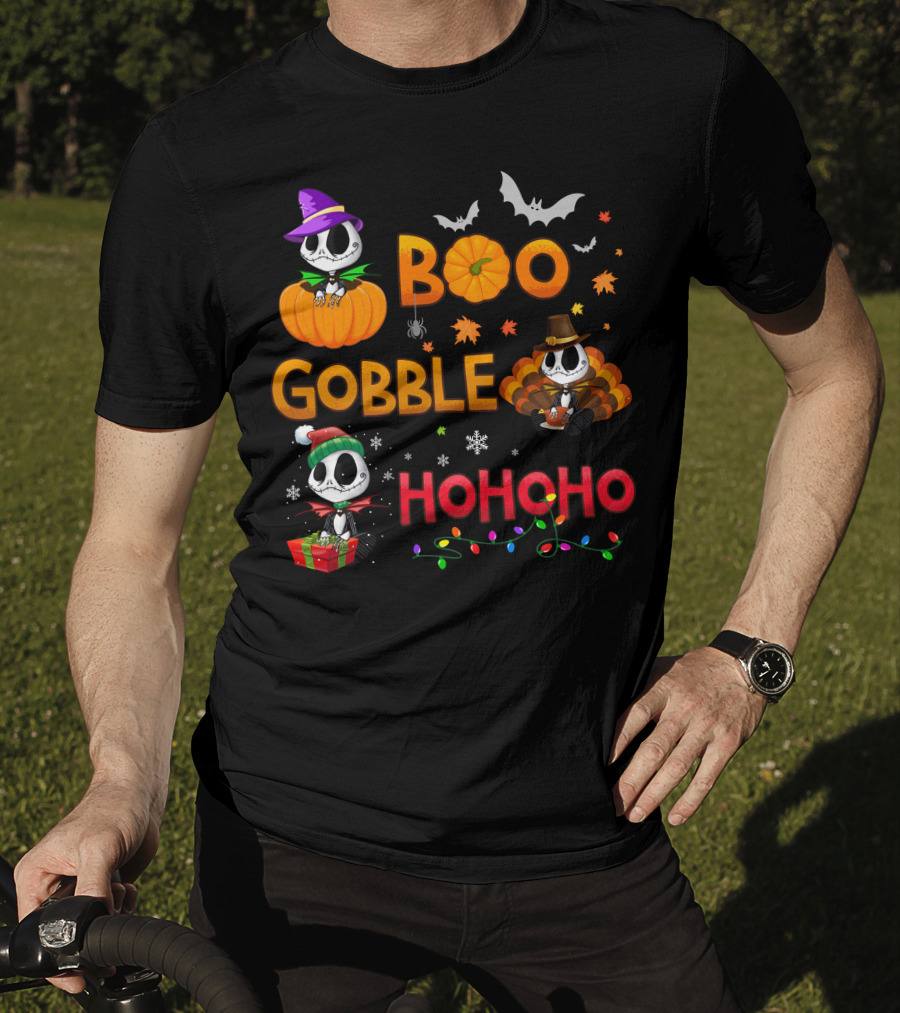 Boo Gobble Hohoho Jack Skellington Halloween Thanksgiving Christmas T-Shirt