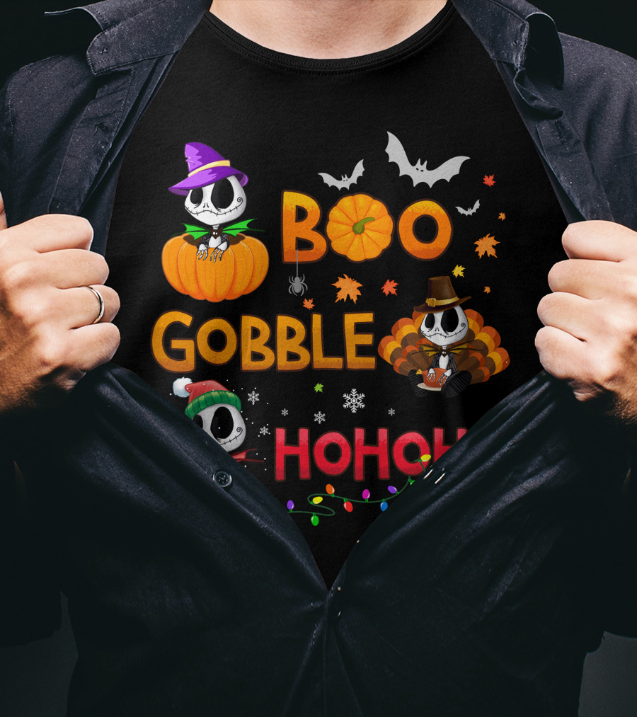 Boo Gobble Hohoho Jack Skellington Halloween Thanksgiving Christmas T-Shirt