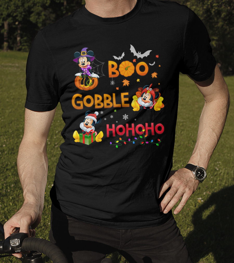 Boo Gobble Ho Ho Ho Minnie Halloween Thanksgiving Christmas T-Shirt