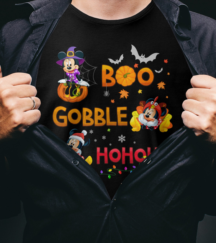 Boo Gobble Ho Ho Ho Minnie Halloween Thanksgiving Christmas T-Shirt