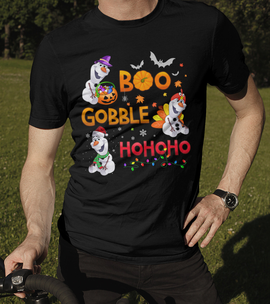 Boo Gobble Hohoho Olaf Halloween Thanksgiving Christmas T-Shirt