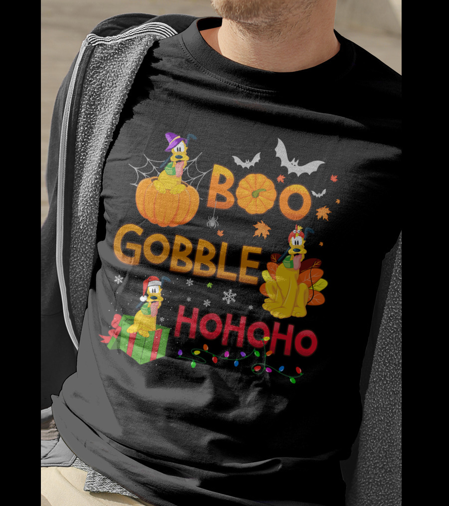 Boo Gobble Hohoho Pluto Halloween Thanksgiving Christmas T-Shirt