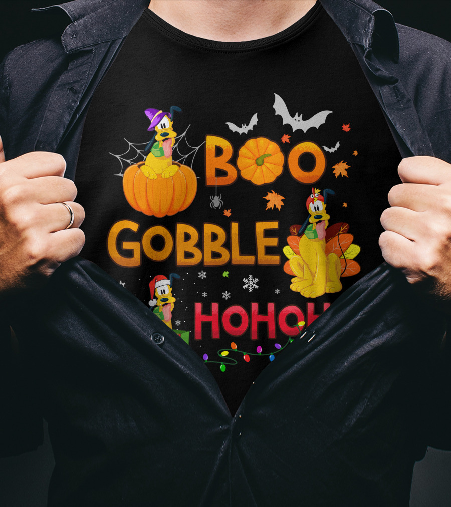 Boo Gobble Hohoho Pluto Halloween Thanksgiving Christmas T-Shirt