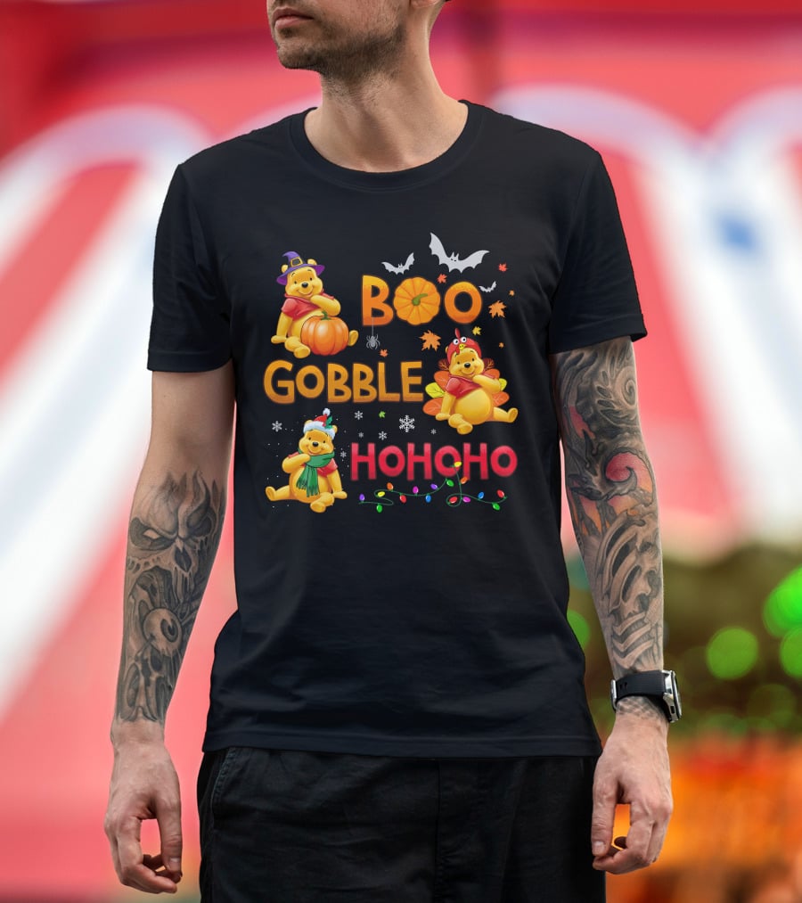 Boo Gobble Hohoho Pumpkin Bat Leaves Pooh T-Shirt