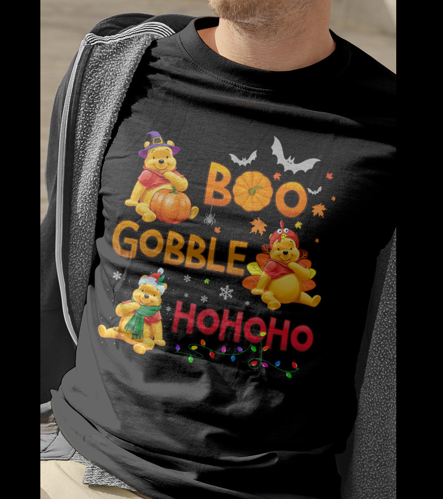 Boo Gobble Hohoho Pumpkin Bat Leaves Pooh T-Shirt