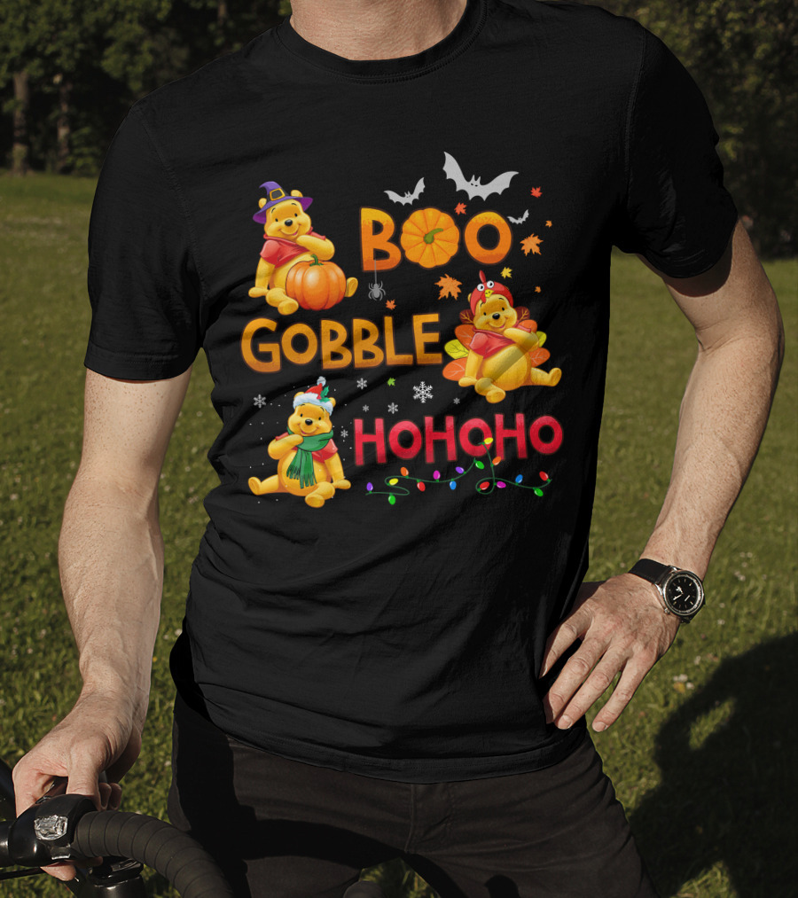 Boo Gobble Hohoho Pumpkin Bat Leaves Pooh T-Shirt