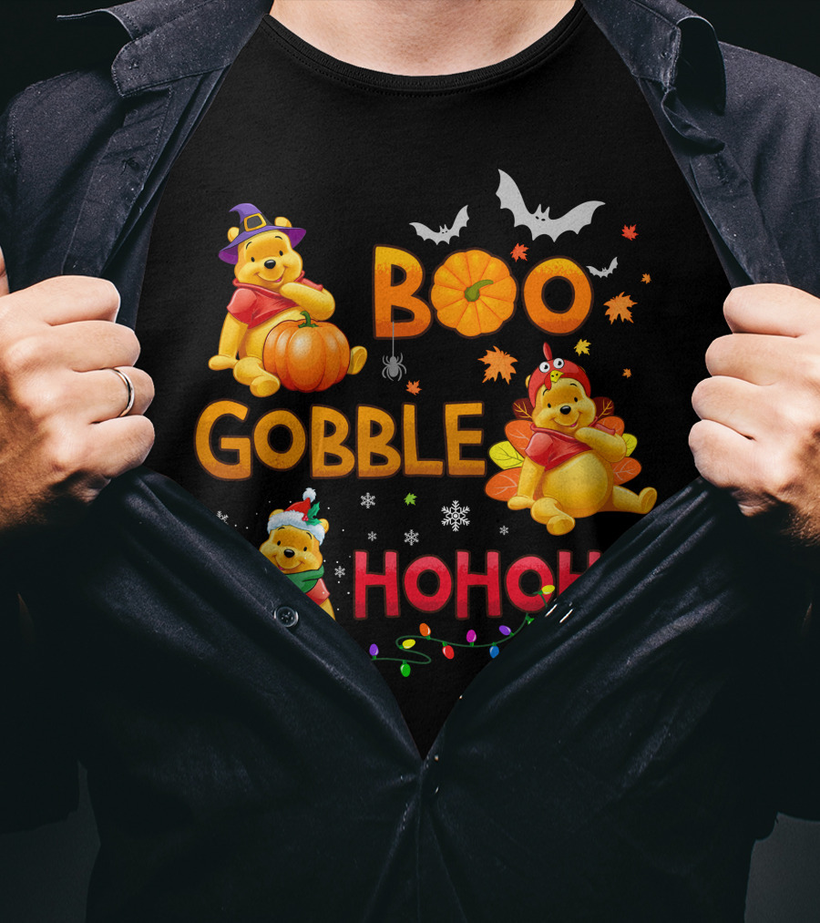 Boo Gobble Hohoho Pumpkin Bat Leaves Pooh T-Shirt