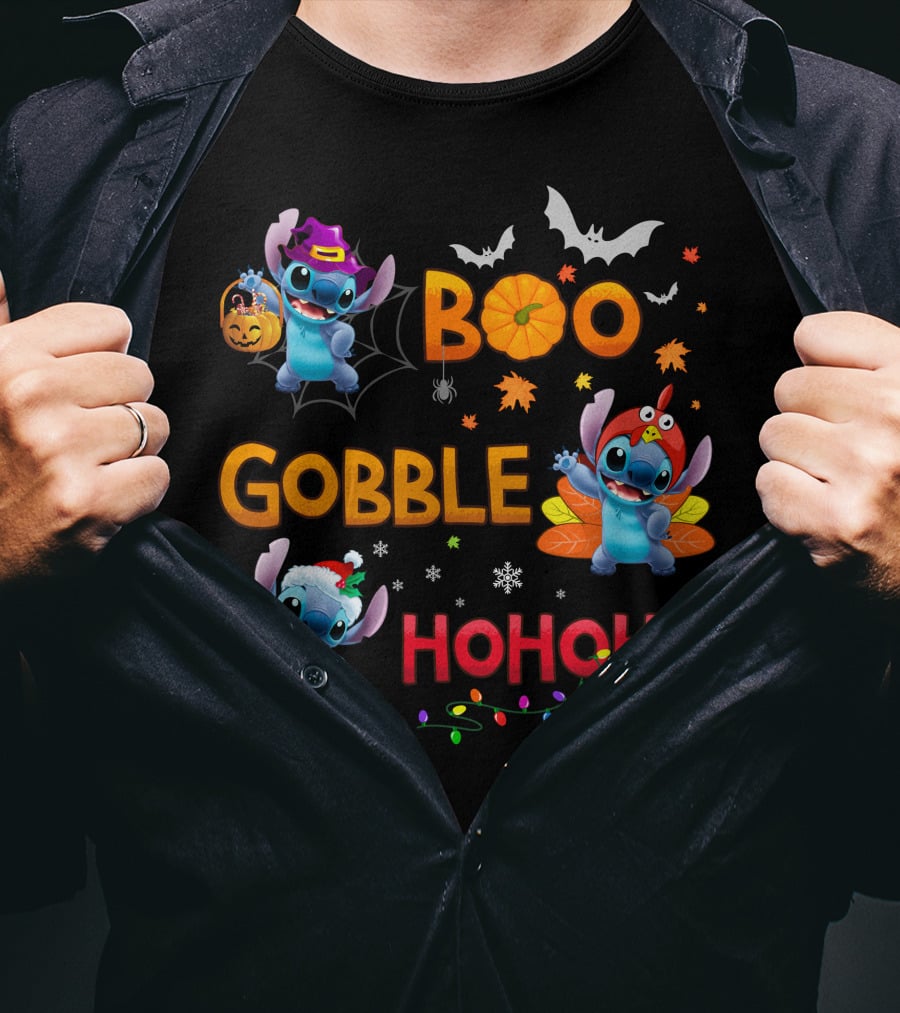 Boo Gobble Hohoho Stitch Halloween Thanksgiving Christmas T-Shirt