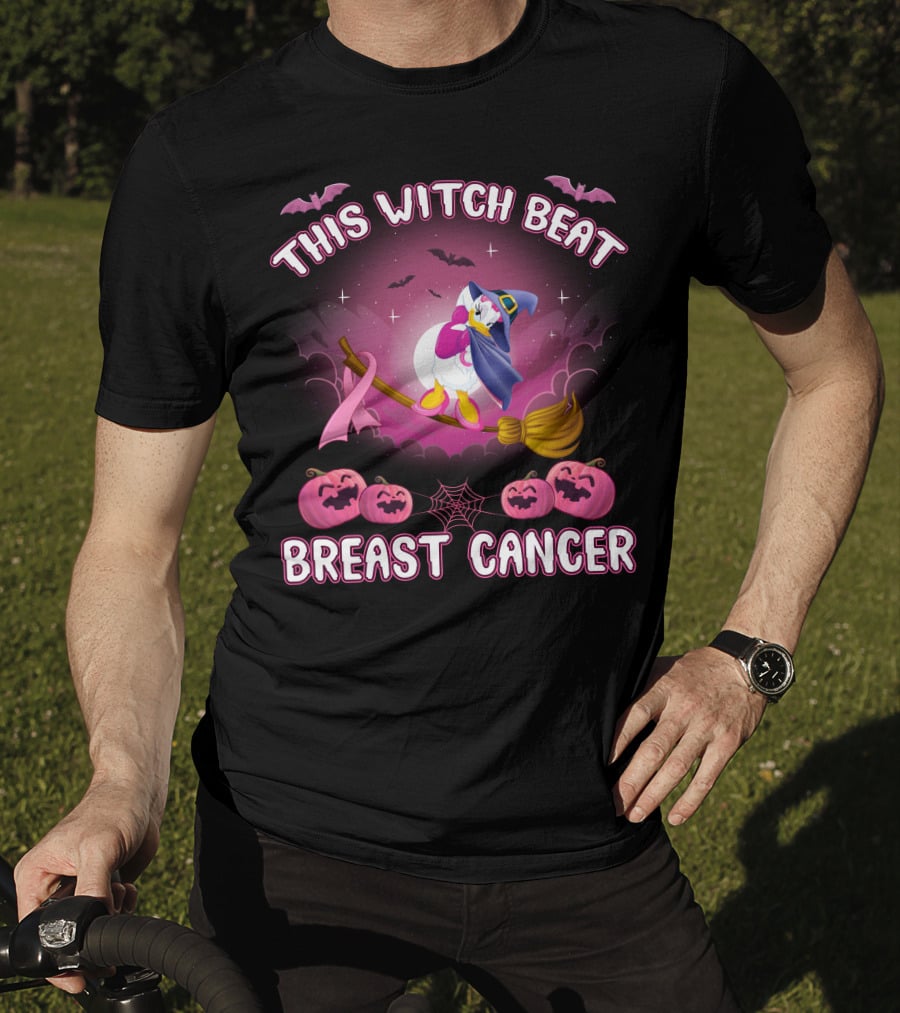 This Witch Beat Breast Cancer Daisy D Broom Pink Ribbon Pumpkins Bat Night Sky T-Shirt