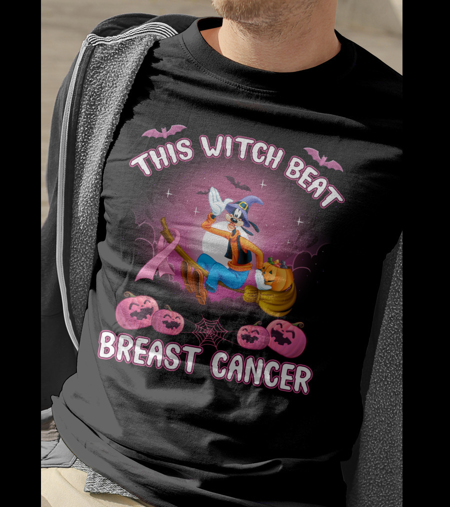 This Witch Beat Breast Cancer Goofy D Halloween Pumpkins Broom Ribbon T-Shirt