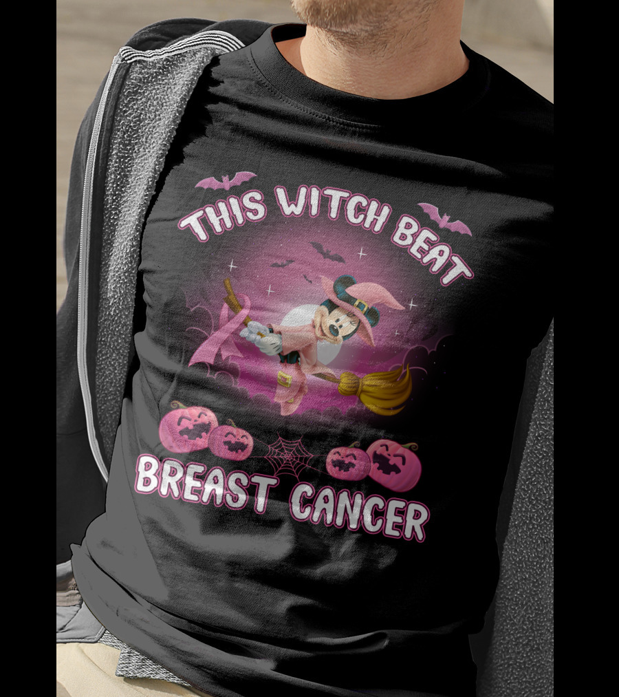 This Witch Beat Breast Cancer Minnie Witch Hat Pink Broom Halloween T-Shirt