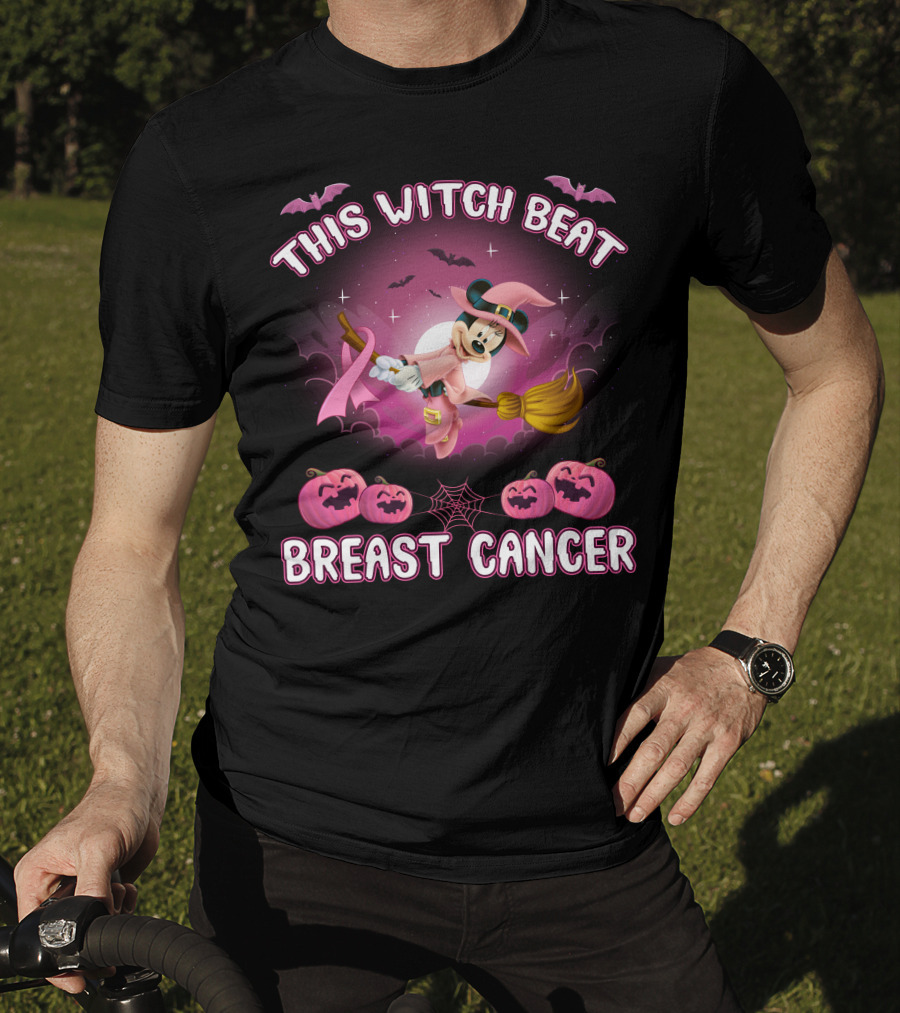 This Witch Beat Breast Cancer Minnie Witch Hat Pink Broom Halloween T-Shirt