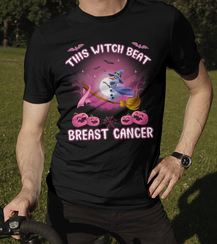 This Witch Beat Breast Cancer Olaf Broomstick Pink Ribbon Halloween Pumpkin Bat Moon T-Shirt